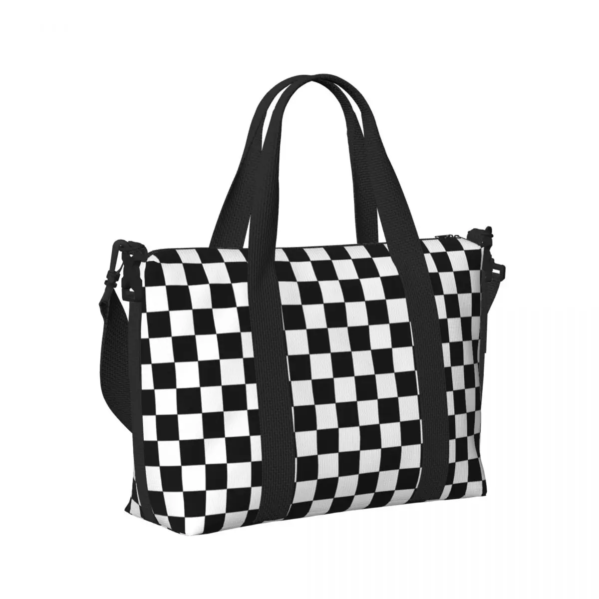 Custom Black และ White Checkered Tote กระเป๋าผู้หญิงขนาดใหญ่ความจุเรขาคณิต Checkerboard Beach Gym กระเป๋าเดินทางไหล่