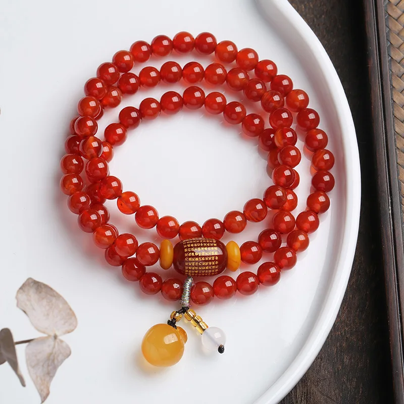 Triple Loop Red Agate Heart Sutra Barrel Bead Apple Pendant Bracelet Retro Ethnic DIY Crystal Hand Jewelry Gifts