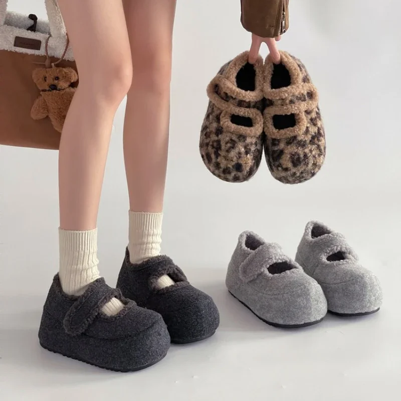 

Winter Chunky Loafer Shoes Women New Fur Lining Warm Women Snow Shoes Comfortable Leopard Print Female Cotton Shoes
