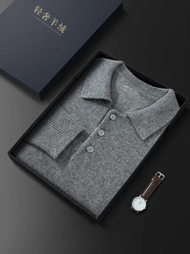 Autumn Winter Men's 100% Cashmere Polo Sweater Basic Smart Casual Long Sleeve Pullover Cashmere Knitwear Soft Comfy Clothing Top