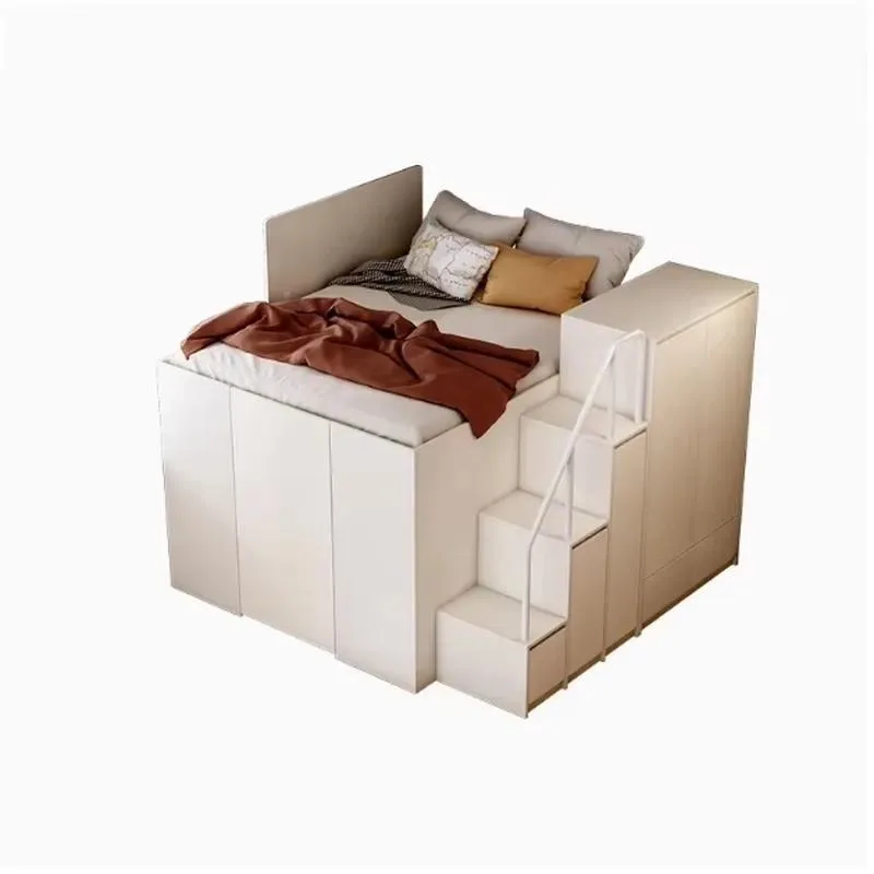Modern White Queen Size Hydraulic Lift Storage Bed with Stairs Wooden Frame Adult Bedroom Furniture