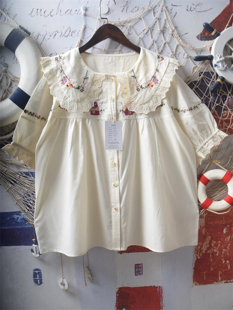 

Japanese Sweet Shirts Peter Pan Collar Puff Sleeve Lace Cartoon Embroidery Blouses 2025 Summer New Tops Design Women's Clothing