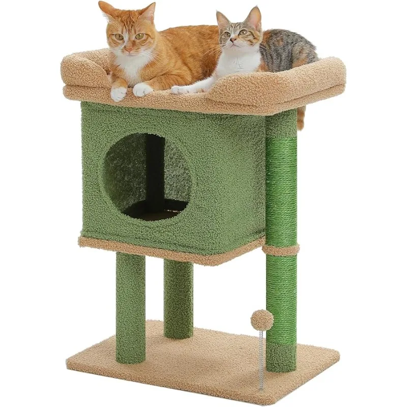 

PAWZ Road Cat Tree for Indoor Cats, 26 Inches Cactus Cat Tower with Large Perch, Private Condo, Small Cat Condo with Spring Ball