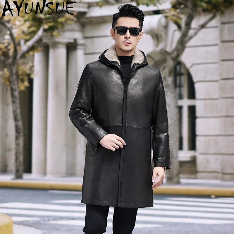 AYUNSUE Genuine Goatskin Leather Jacket Man Winter 2025 Mink Fur Liner Coat Mid-length Black Leather Jackets Hooded Fur Coats