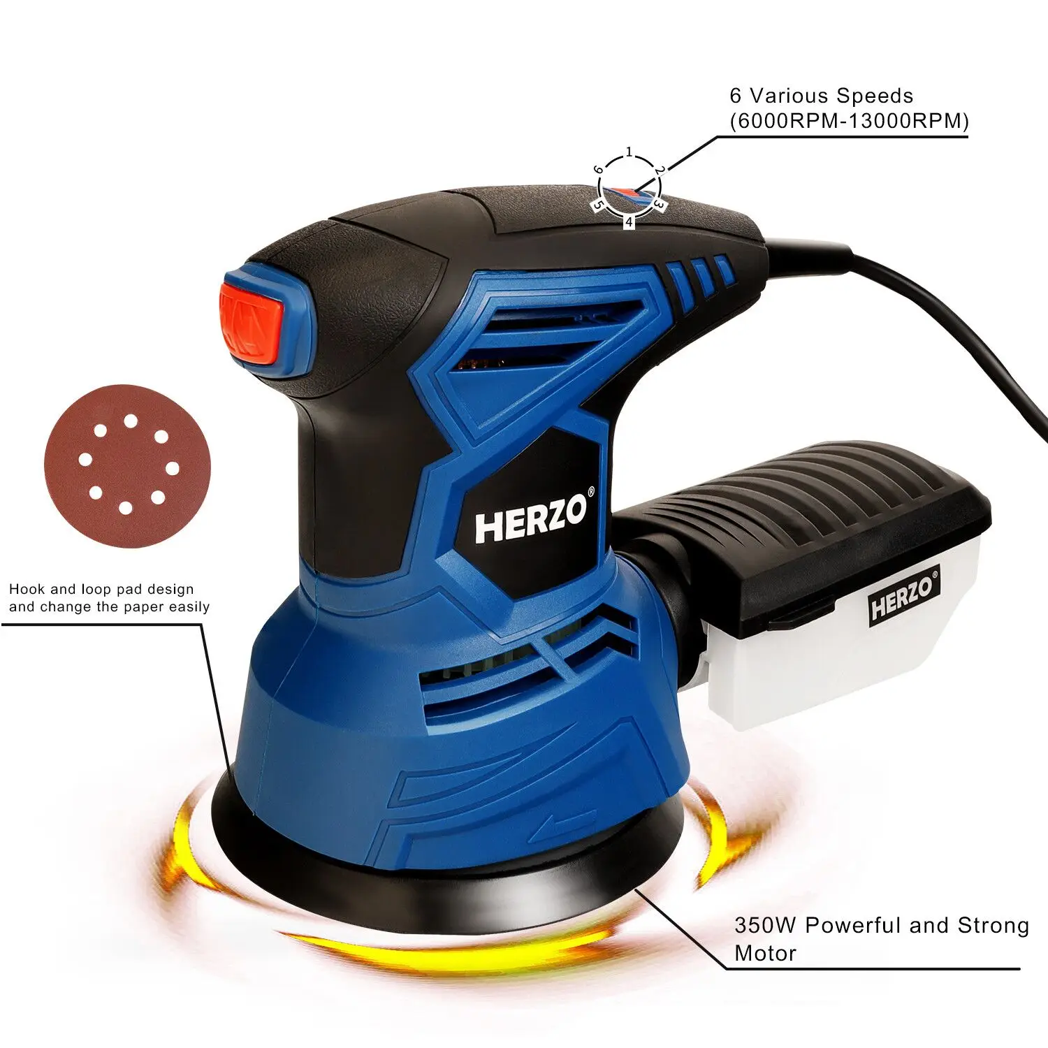 HERZO 125MM Electric Rotary Orbit Sander Machine 350W Portable For Polishing Sanding Wood