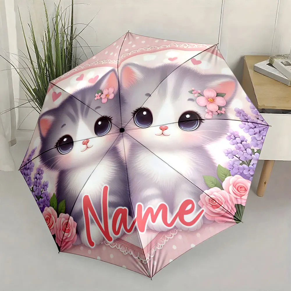 Custom Name Adorable Cat Design Umbrella for Daily Use Print 8 Iron Ribs Folding Umbrella Auto-Open Fashion Sunshade