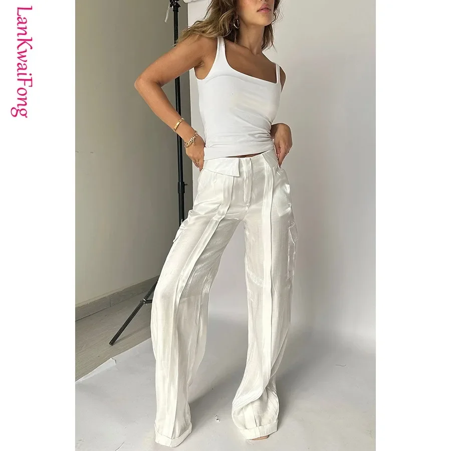 Calça feminina casual solta com zíper, bolso brilhante para férias, moda Y2K, calça reta para clube, nova moda de rua, 2024