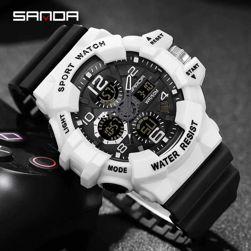 Sanda Top Dual Display Herren uhren g Stil wasserdichte Sport uhr Militär Mann Stoppuhr Quarz Armbanduhr männliche Digitaluhr