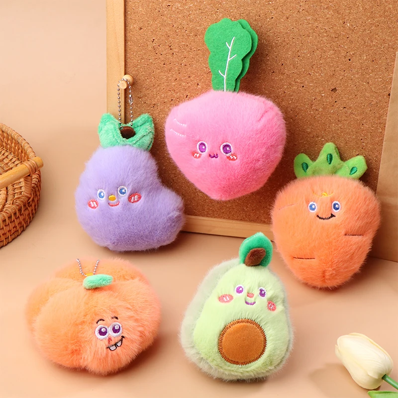 Cartoon Kiwi Fruit Plush Toy Keychain Radish Eggplant Pumpkin Vegetable Soft Stuffed Doll Pendant Car Key Ring Bag Decor