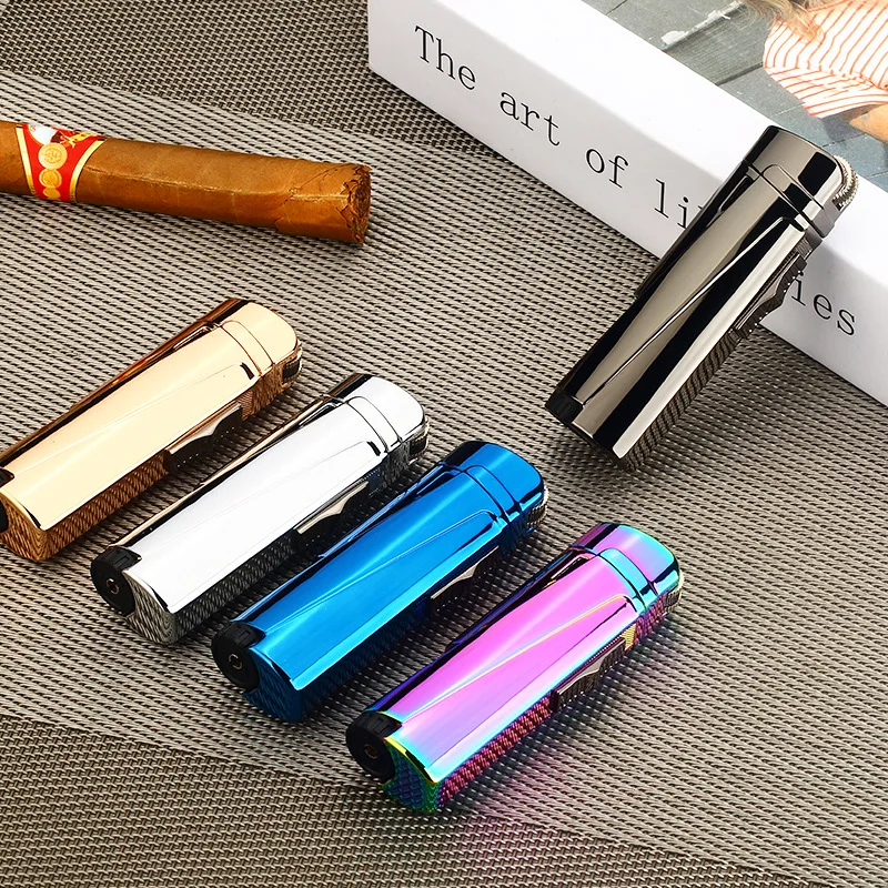 

High-Power Metal Three-Torch Windproof Blue Flame Inflatable Lighter Portable Cigar Lighter with Visible Transom Grinding Wheel