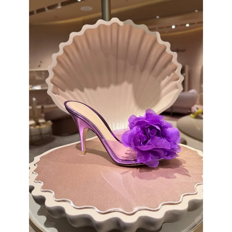 New Summer Purple Lace Flower High Heels for Women, Thin Heels, Transparent Sandals, Party Performance Women's Shoes