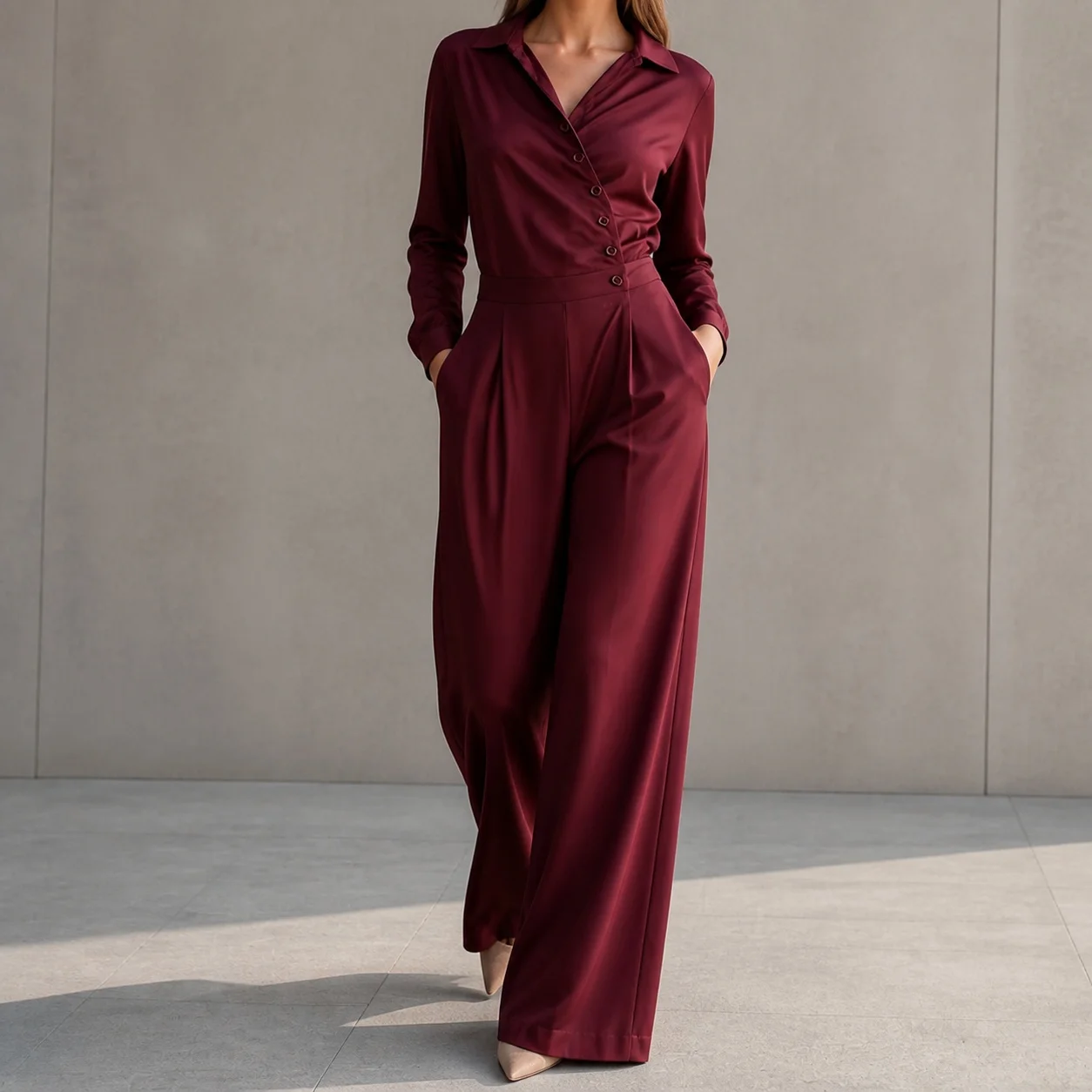 Women's And Overalls For Women Minimalist High Waist Wide Leg Crop Woven Jumpsuit with Button Shirt Sleeve and Shirt Collar for
