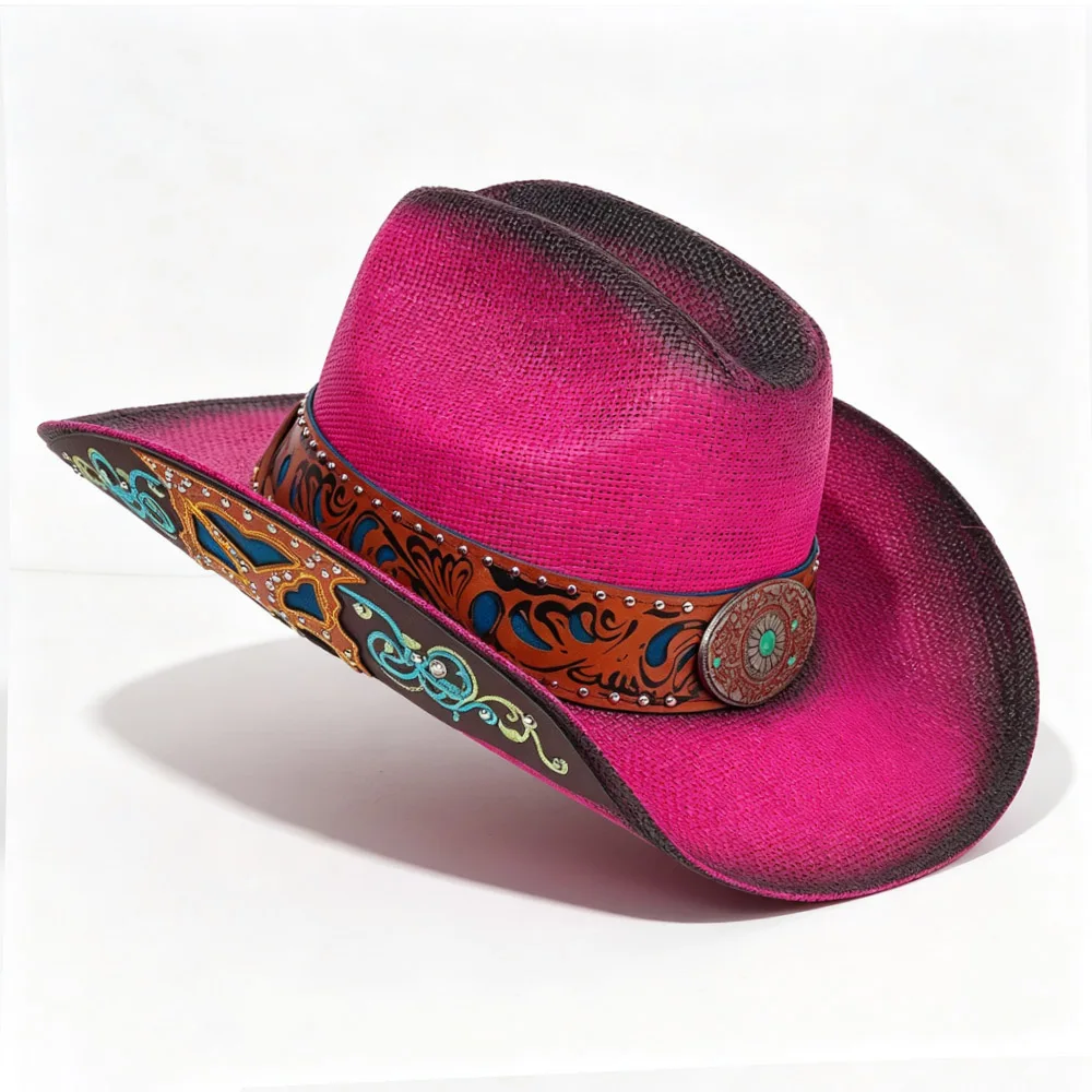 Burnished Western Cowboy Hat Hand Painted Turquoise Leather Band Straw Fedora Cap Women Men Retro Rodeo Stage Party Sun Hats