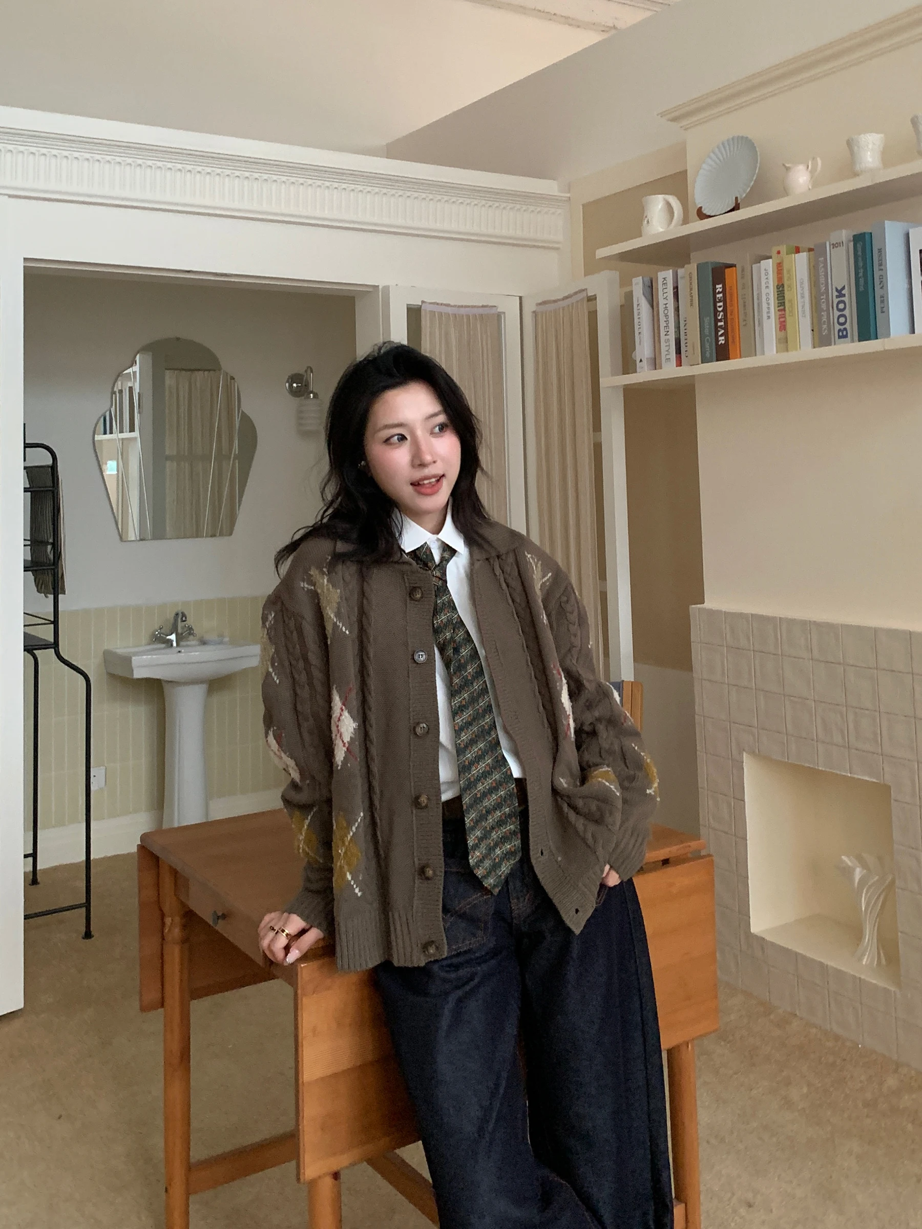 

Muziyang American Retro Design Sweater Cardigan Men's Lazy High-End College Sle Knitted irt Warm Long Sve Autumn Winter