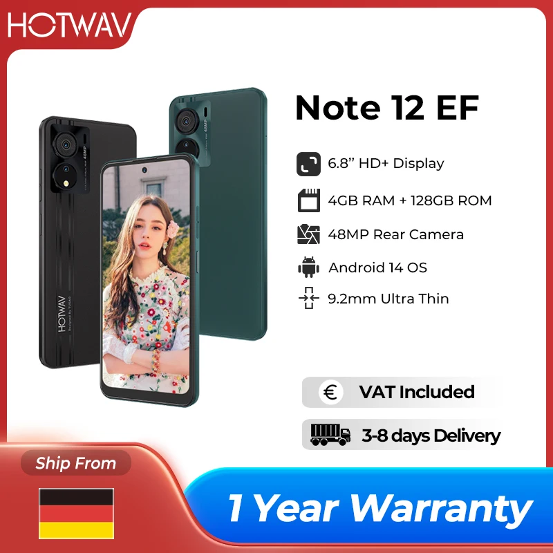 هواتف ذكية HOTWAV Note 12 EF رفيعة للغاية بشاشة 6.8 بوصة عرض كبيرة أندرويد 14 5160 مللي أمبير في الساعة هاتف محمول 4 جيجابايت + 128 جيجابايت ثماني النواة 48 ميجابكسل