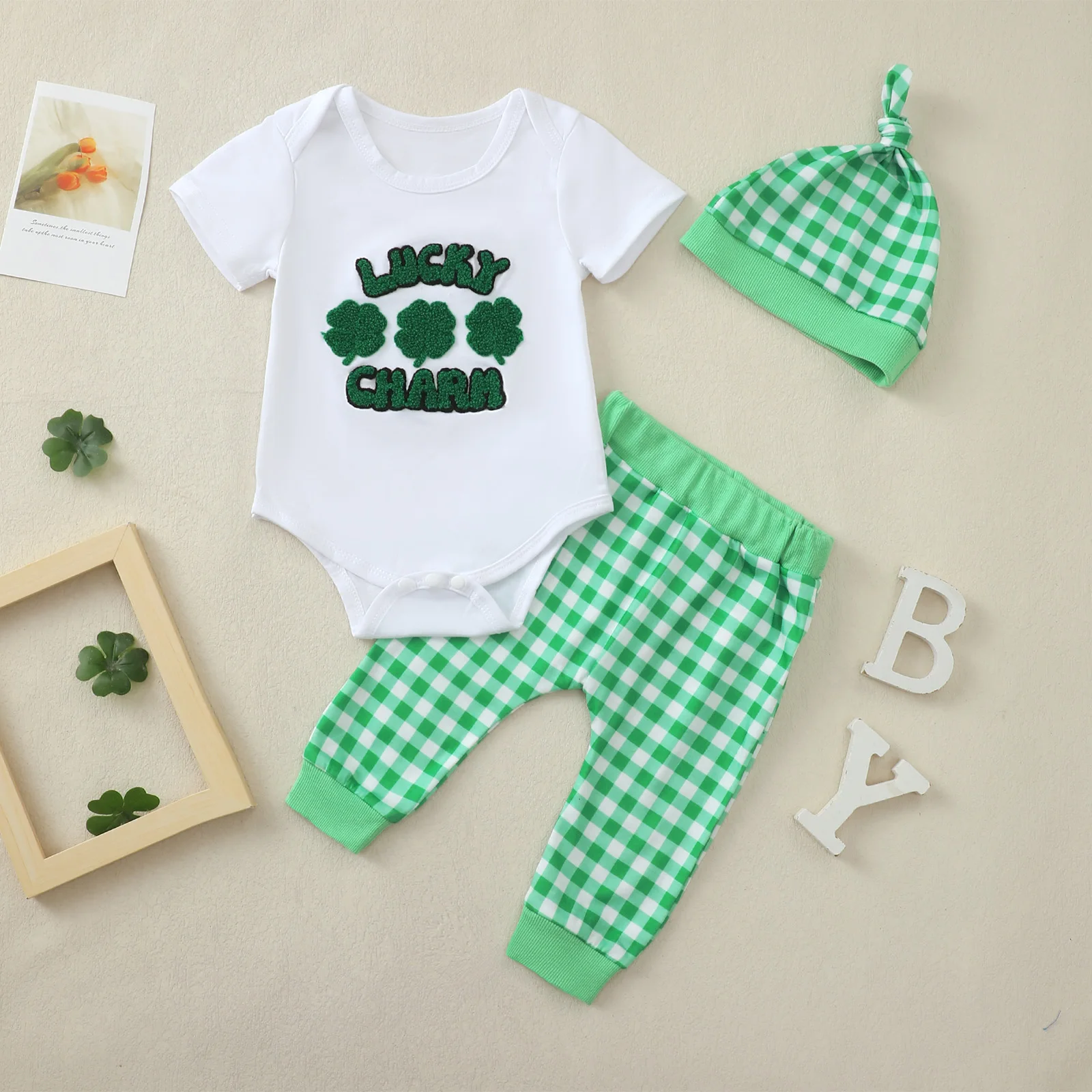 Baby Toddler Summer Lucky Grass Towel Embroidered Pattern Short Sleeve Romper Suit with Hat Three Piece Set for Infants