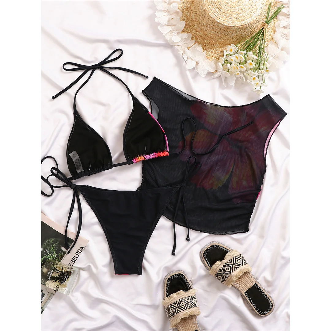 Mit Blumenmuster-Überwurf, Neckholder-Bikini, Damen-Badebekleidung, dreiteiliges Bikini-Set, Badeanzug, Badebekleidung, Schwimmbekleidung V8145 – Detail 7