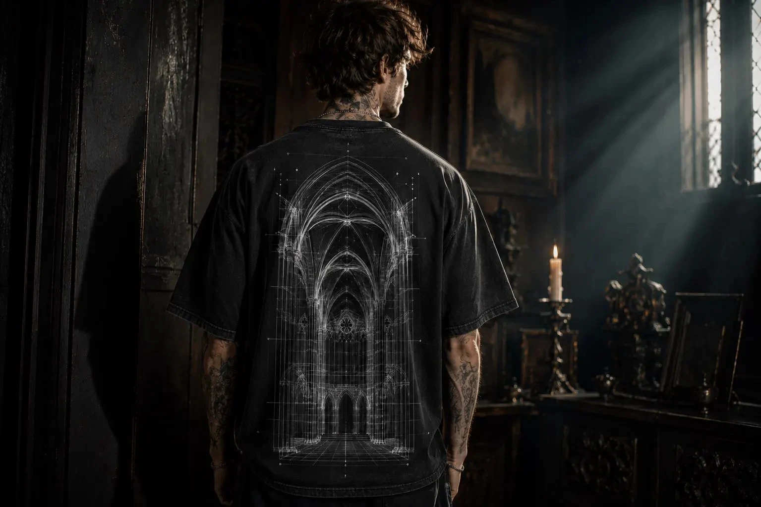 Men's Gothic Cathedral Blueprint Tee – Back Print Architectural Graphic – Dark Academia Streetwear – Unisex Oversized T-Shirt
