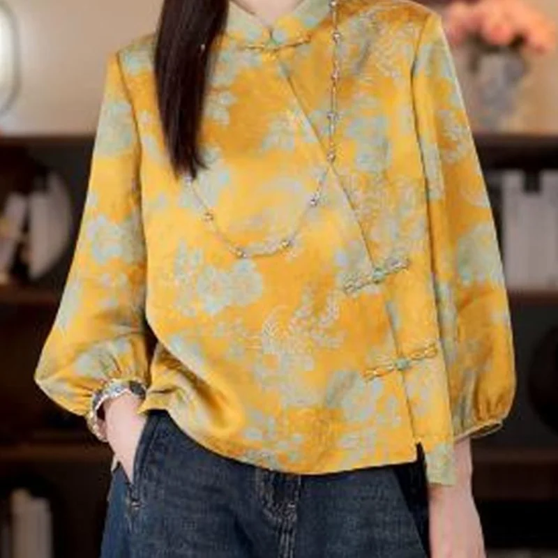 

New Chinese Style Women's 2025 Autumn New Floral Print Button Top
