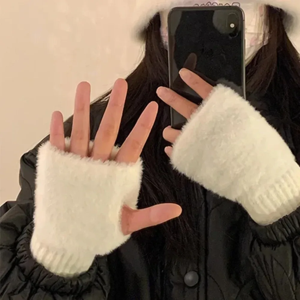 Soft Winter Half Finger Gloves Women Warm Luxury Solid White Plush Knitted Fingerless Gloves Wrist Mitten Writting winter gloves image 2