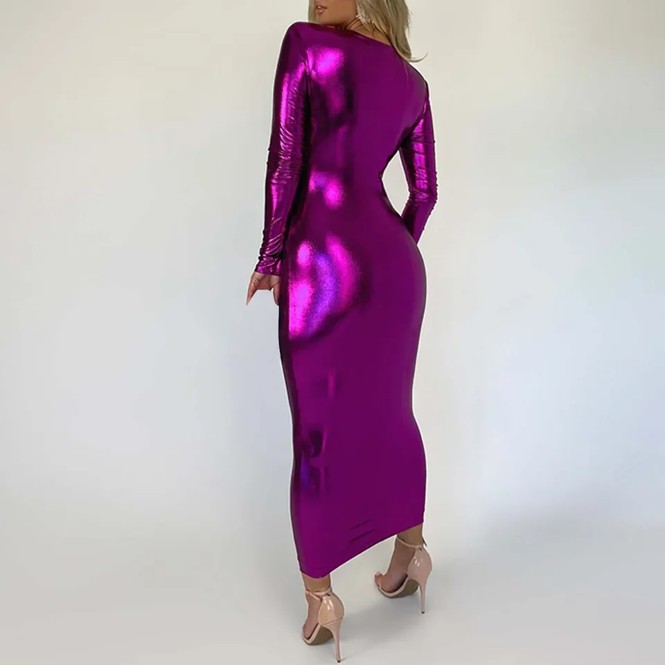 

Shiny Pu Maxi Dress Sexy Deep V Pad Shoulder Pleated Bodycon Dress Long Sleeve Elegant Party Evening Dresses For Women 2024
