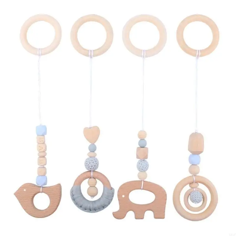 

581F 4 Pcs Baby Gym Frame Pendants Fitness Rack Stroller Crib Rattle Wooden Ring Beads Teether Hanging Mobile Bed