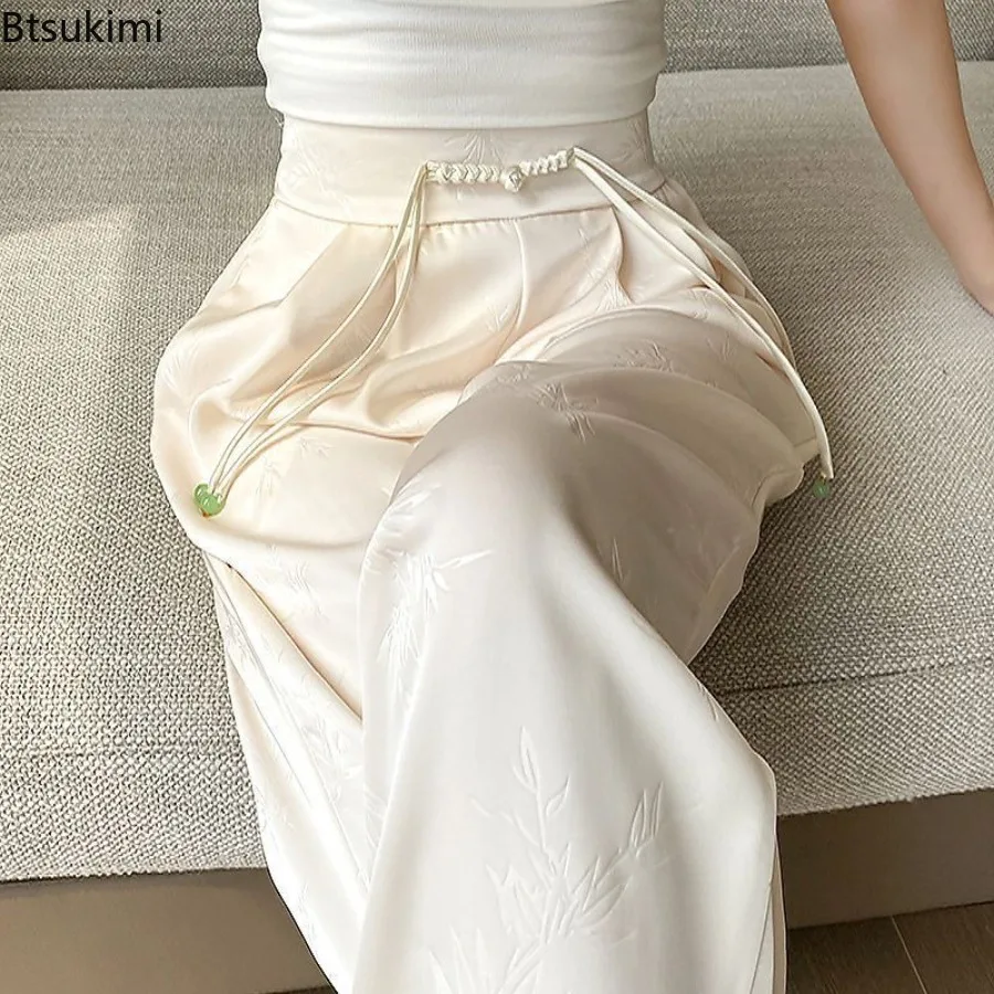 2025 Primavera Verano nuevo estilo chino satén Jacquard cintura alta pantalones de pierna ancha para mujer Casual elegante pantalones de moda Mujer