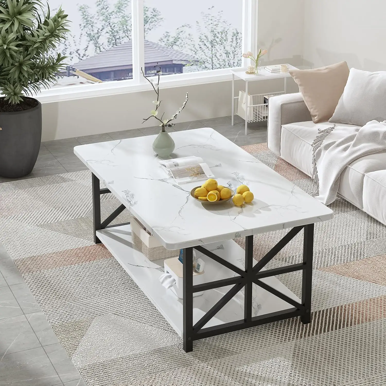 طاولة قهوة من الرخام الصناعي لغرفة المعيشة بزوايا مستديرة، طاولة غرفة معيشة من طبقتين مع رف تخزين، طاولة قهوة مستطيلة