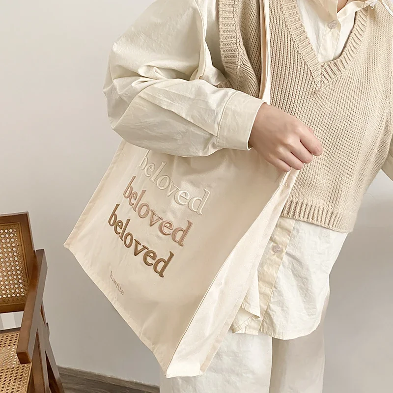 Women New Cotton Embroidery Commuter Casual Handbag Simple High-Capacity Students Books Bag Thick Cotton Cloth Handbags Tote