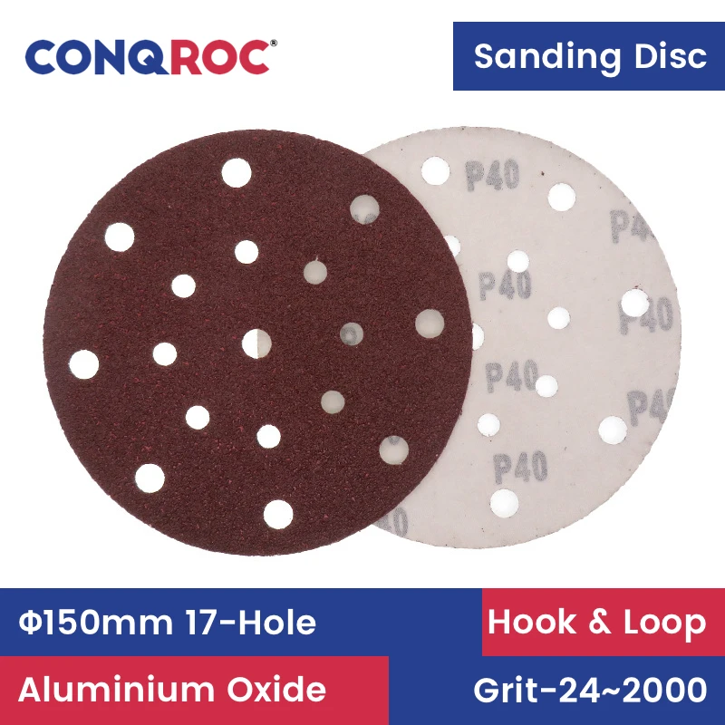 Sanding Discs 150mm(6-Inch) 17-Hole Aluminum Oxide Dry Sanding Papers Hook and Loop 25-Piece Grit 24~2000