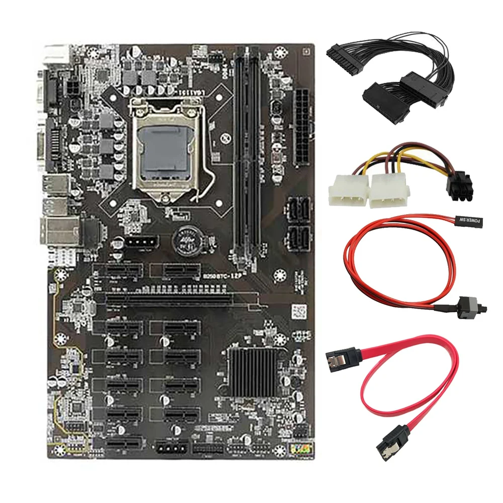 B250B BTC Mining Motherboard with Graphics Power Cable+24Pin Power Cable+Switch Cable 12 PCI-E Slot LGA1151 DDR4 RAM