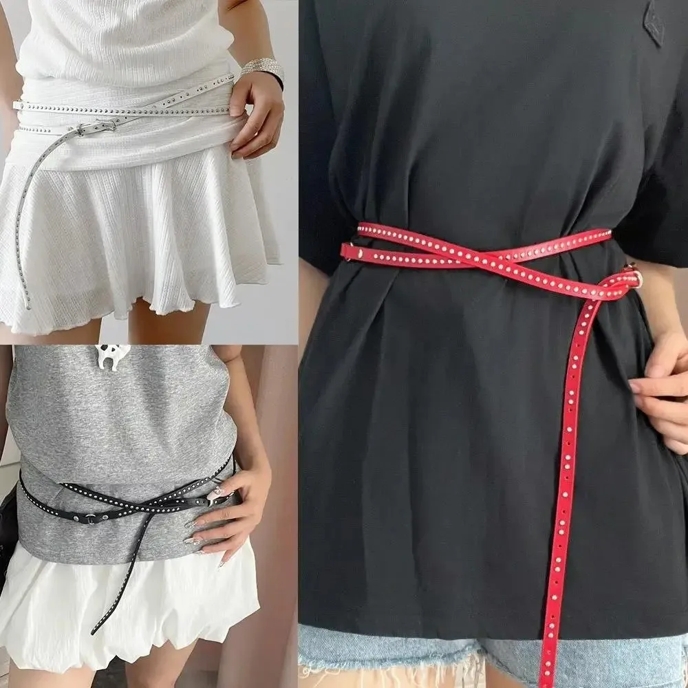 New Y2k Thin Belt Punk Rivet Gothic Waistband Waist Strap PU Leather for Jeans Dresses Skirts Metal Buckle Belts for Women