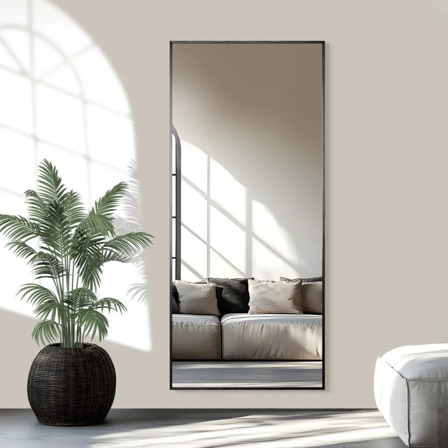 Aluminum alloy thin edged rectangular black full-length mirror with stand 71*31*1 inch for bedroom entryway bathroom vanity liv