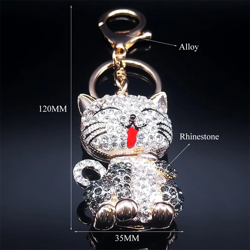 Cartoon Cat Keychain Rhinestone Gold Color Cute Kitty Keyring Holder Creative Gift Fashion Jewelry llaveros para mujer