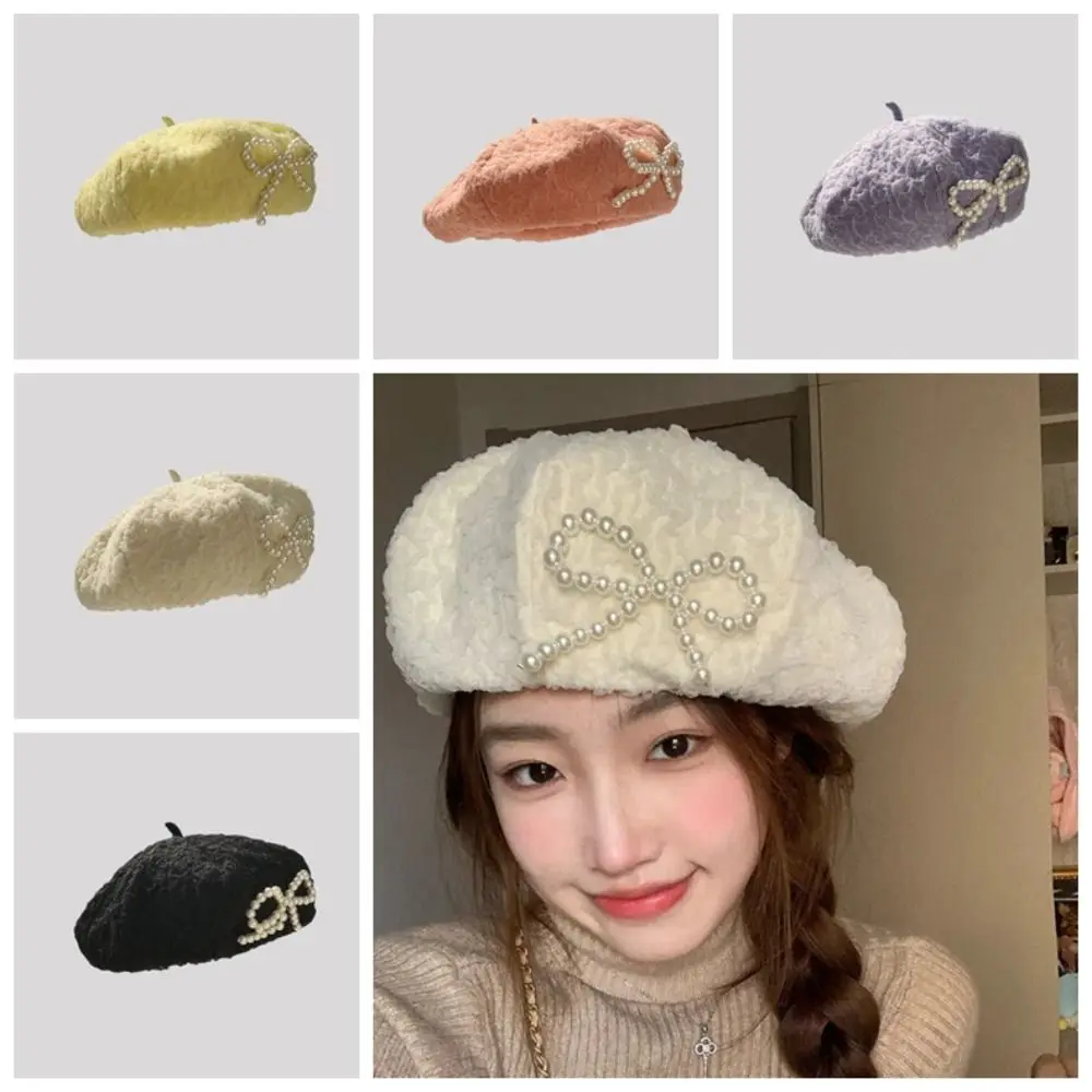 Vintage Y2K Lace Berets Cap Street Style Cotton Pearls Bow Soft Hat Big Head Circumference Korean Style Women Artist Hat Girls