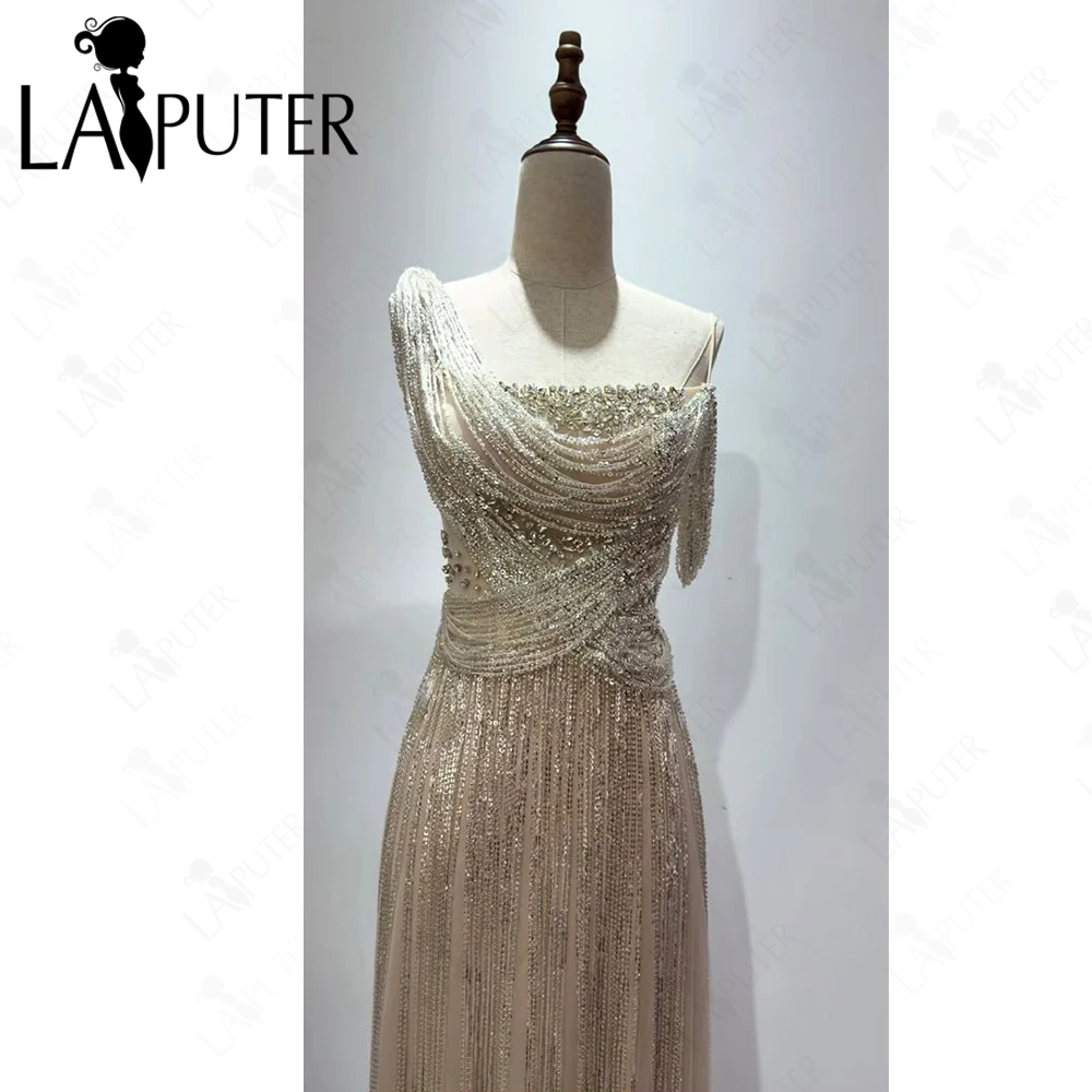 One Shoulder Nude Bodycon Evening Dresses Fully Covered Silver Fringe Beaded Rhinestone Crystal Bodice Draped Tassels Prom Gown