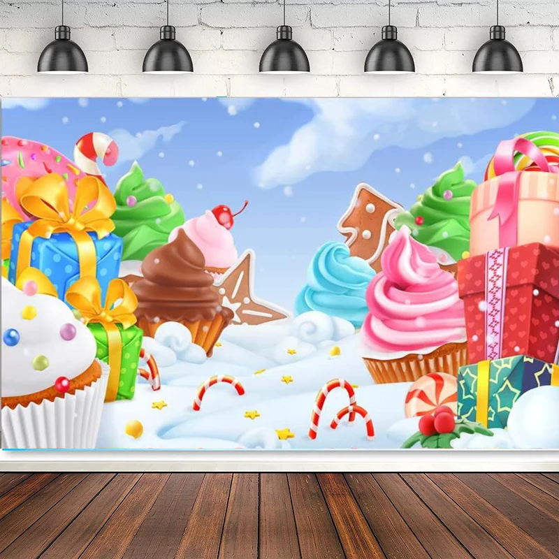 Winter Cartoon Candyland Photography Backdrop Fairytale Kids Baby Shower Birthday Newborn Christmas Background Cupcakes  Banner