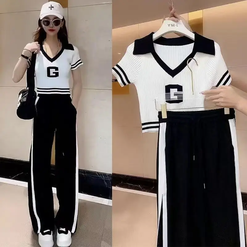 2023Fashion Casual Sports Suit Women\'s New Summer V-neck Short-sleeved T-shirt Contrast Color Wide Leg Pants Two-piece Set