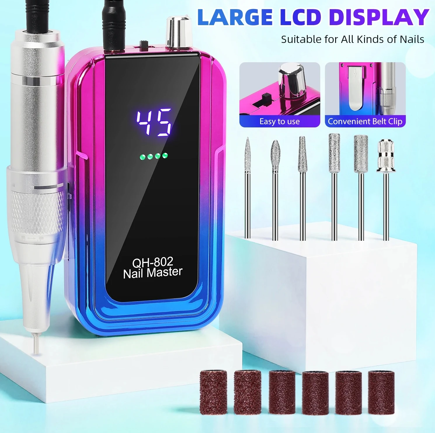 

Электрическая портативная электрическая дрель для ногтей с цветной поверхностью 45000 об/мин, перезаряжаемая малошумная шлифовальная пилочка для ногтей, инструмент для маникюрного салона