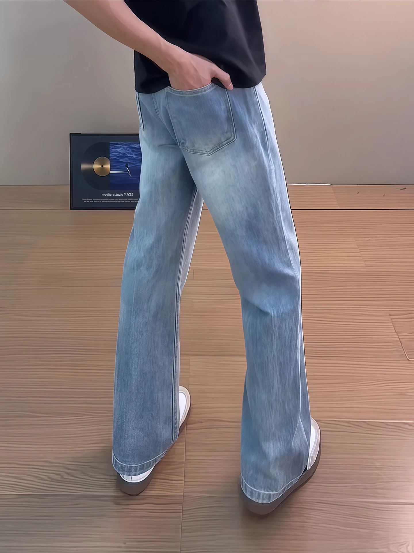 

Cleanfit Vintage Blue High Waist Flared Jeans Men's Style Summer American High Street Slim Extended Version Straight Leg Pants