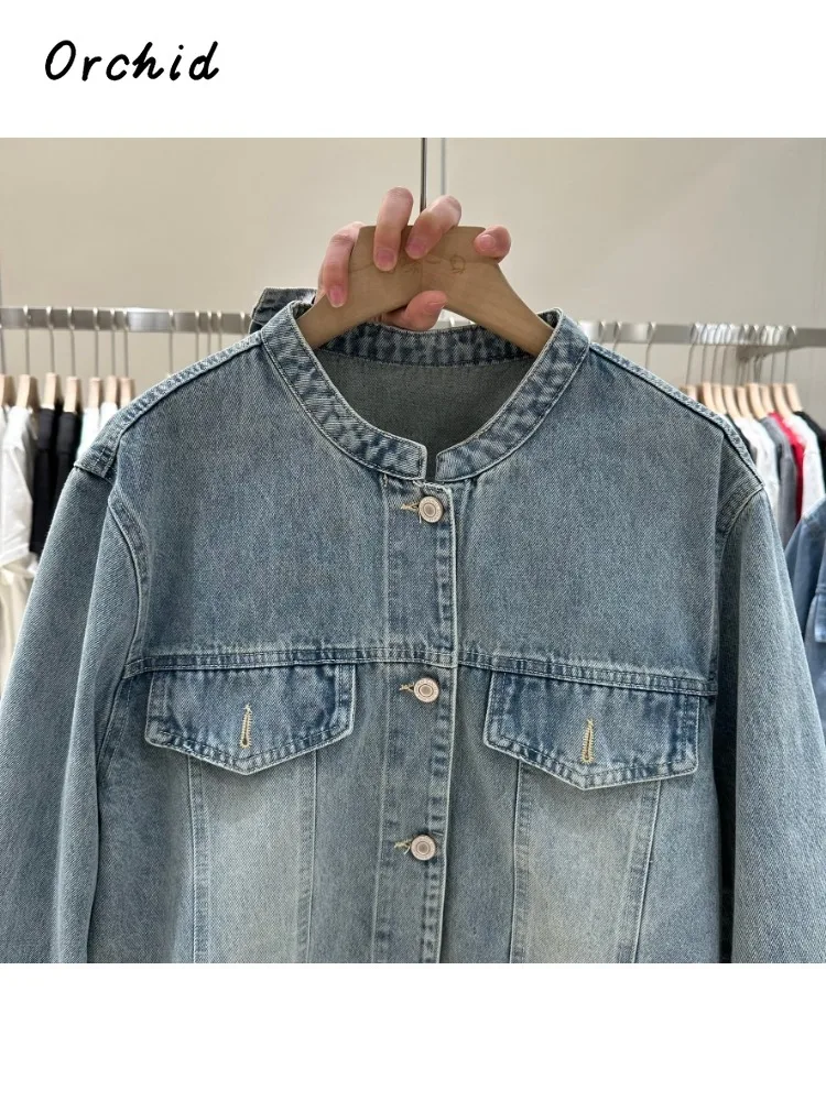 معطف Y2K شتوي كوري أنيق واحد الصدر أزرق Y2K معطف نسائي غير رسمي بياقة مقلوبة من الدانتيل مُزين بقطع القماش سترة دينم كلاسيكية