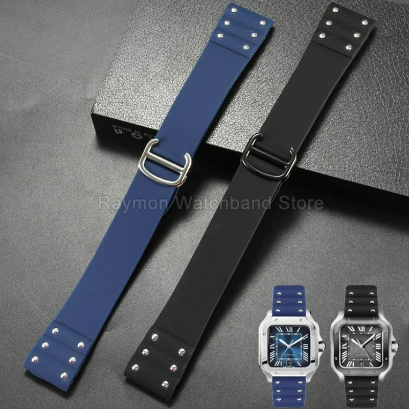 Blue Black Silicone Watch Accessories 21mm Proprietary Interface for Cartier Santos 100 Dustproof Smooth Matte Touch Watchband