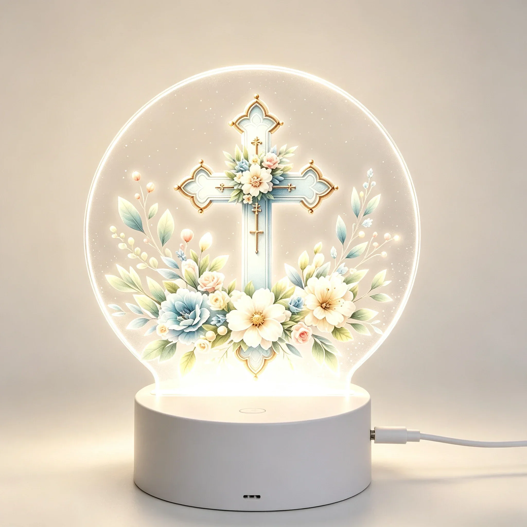 Watercolor Flower Ornate Cross Acrylic LED USB Bedside Atmosphere Lamp,USB Charging Vintage Flower Cross Design Acrylic 3D Desktop Night Lamp
