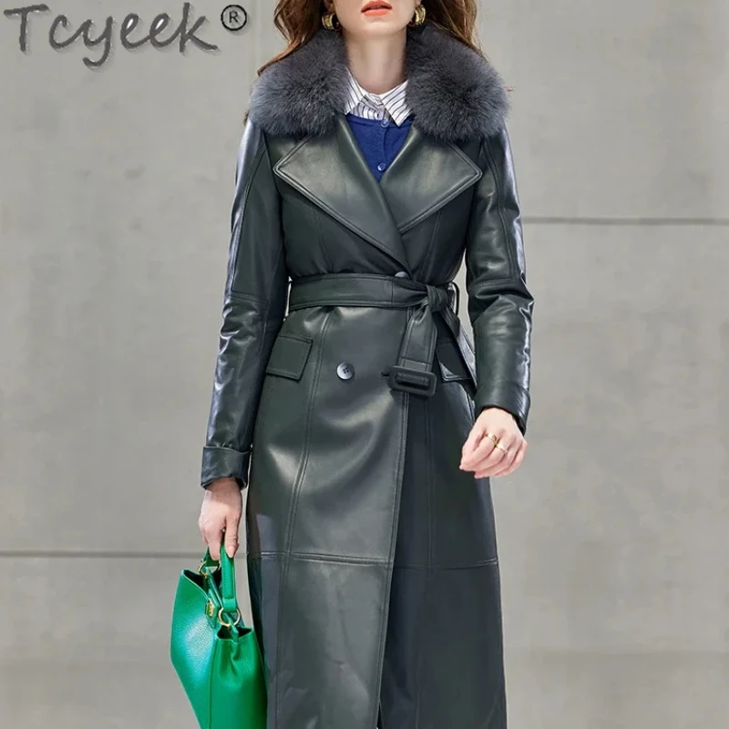 Tcyeek Real Leather Jacket Women Natural Sheepskin Coats for Woman Fox Fur Collar Mid-length Down Coat Winter Clothes Belt 2024