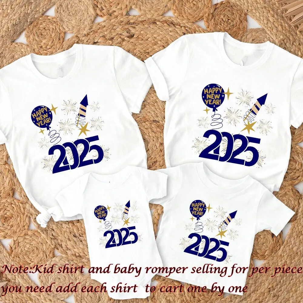 Hello 2025 Happy New Year Family Matching Outfits Dad Mom Kids Shirt Baby Bodysuit Family Clothes New Year Party Family Outfits