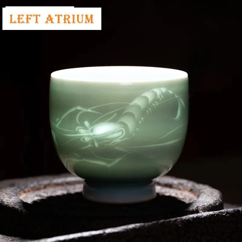 

100ml High End Famous Master Handmade Ceramic Teacup Longquan Celadon Master Cup Shrimp Fun High Foot Mug Drinkware Collection