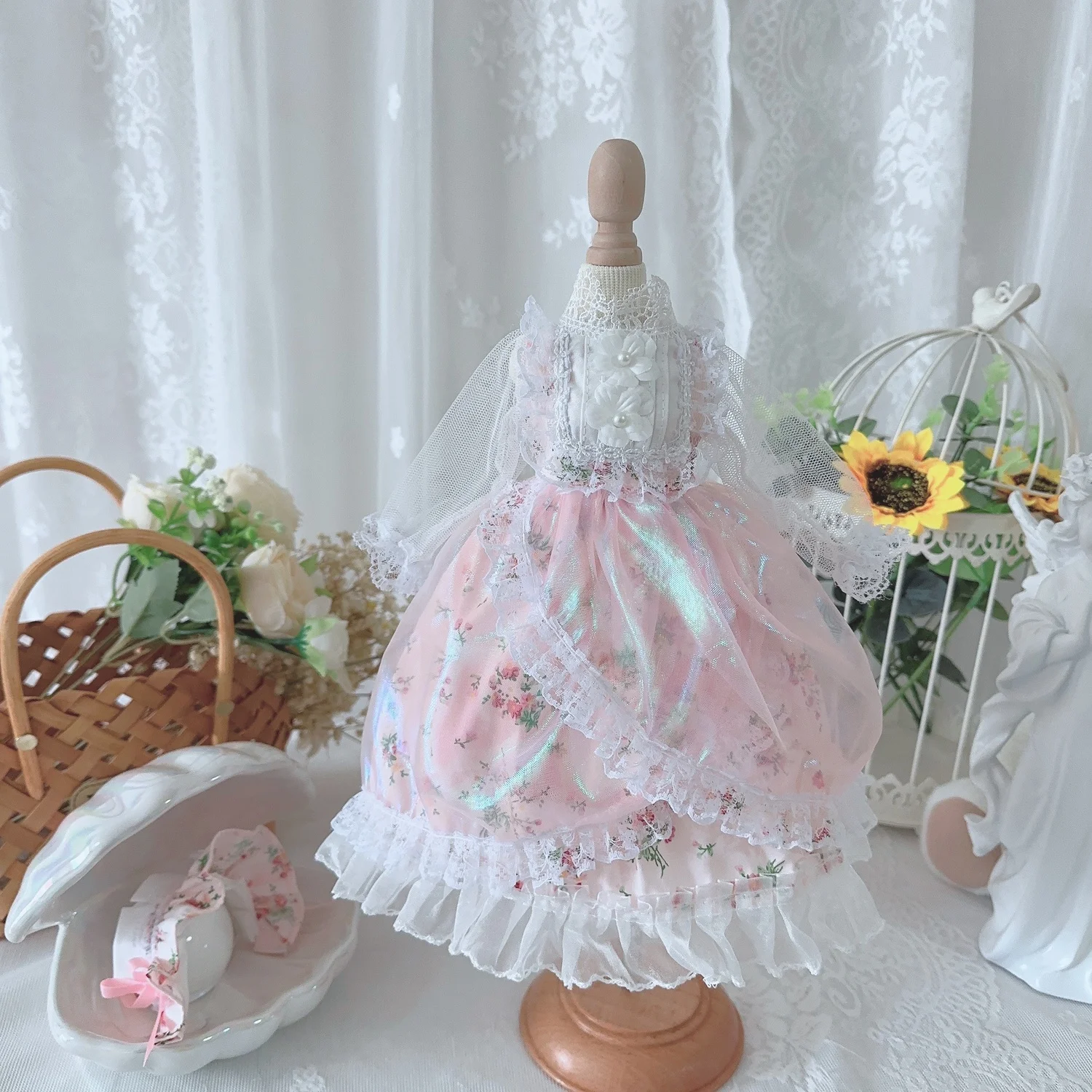 BJD Doll clothes Suitable for 1/3 1/4 1/6 size pink long sleeve yarn  court style dress doll accessories