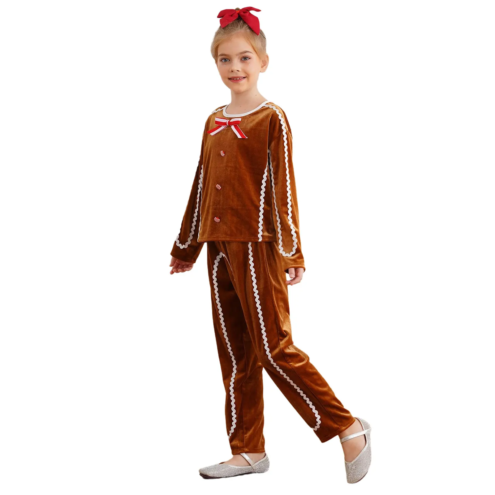 Kids Christmas Gingerbread Man Costume Velvet Long Sleeve Shirt Top And Pants Holiday Xmas Party Cookies Role Play Dress Up