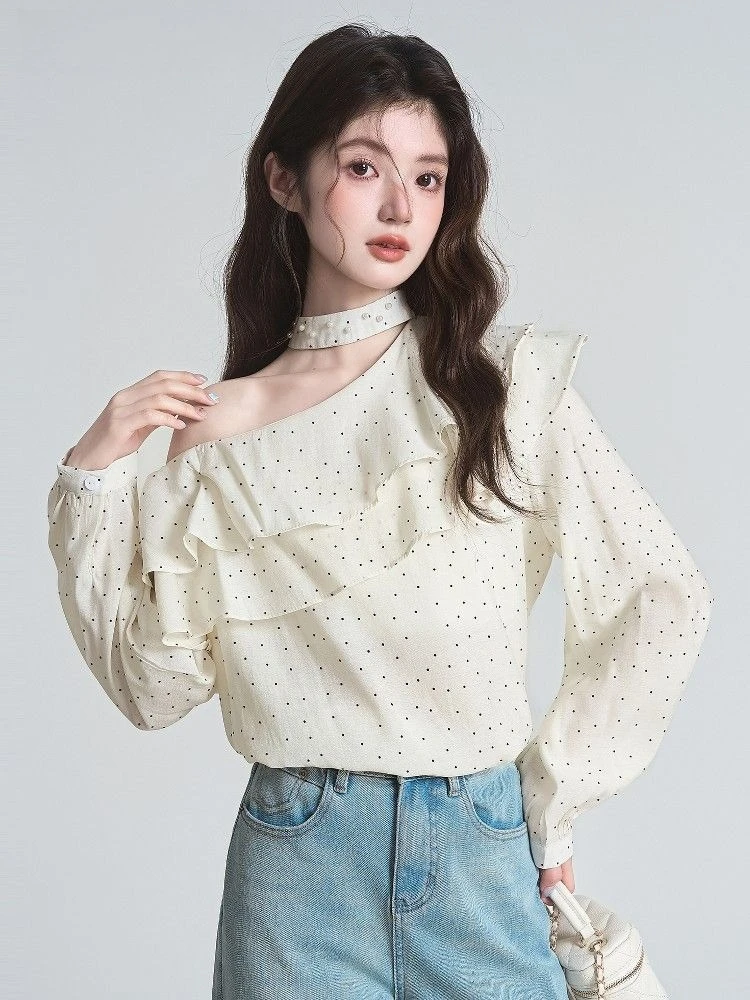 

Lotus Leaf Edge Stacked Collar Polka Dot T-shirt Women's Autumn New Temperament Off-the-shoulder Top