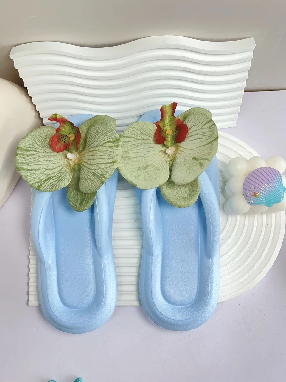 

Fresh Blue Women Beach Thong Sandals Butterfly Orchid Flower Leisure Vacation Outdoor Walk Comfort Versatile Thick Sole Slipper